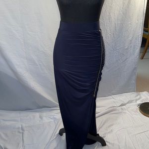 Cache Long Navy Skirt with Gold Side Zipper Size O